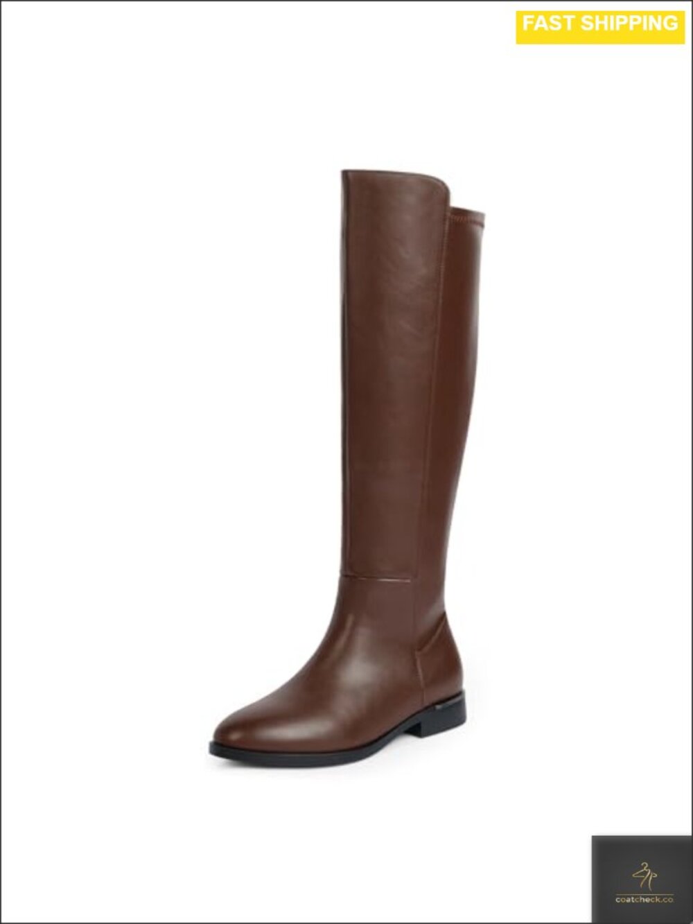Round Toe Flat Knee High Boots Side Zipper Stretchy PU Leather